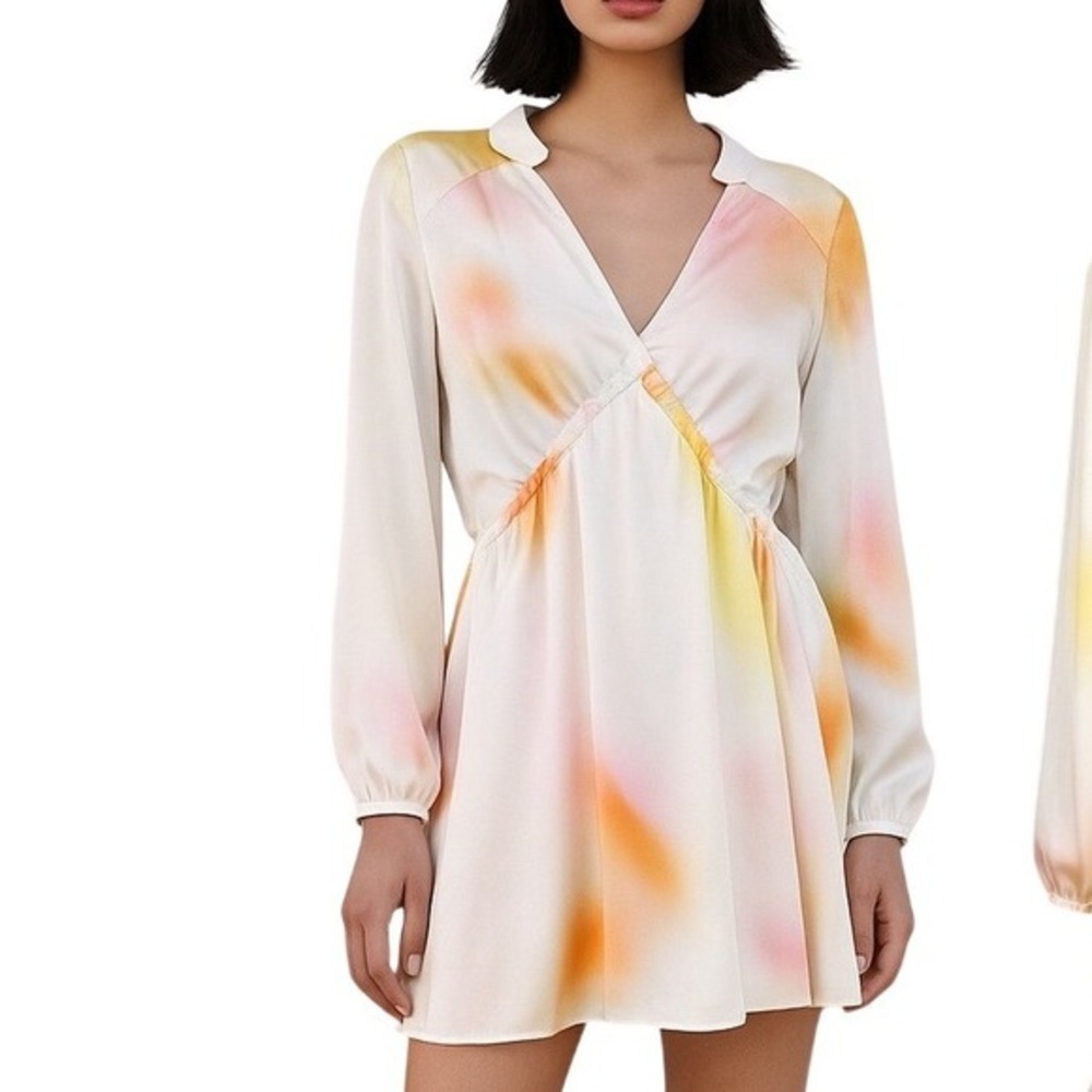 JAAF Organic‎ Silk Mini Dress Aura Light Print V Neck Mini Dress Long Sleeve